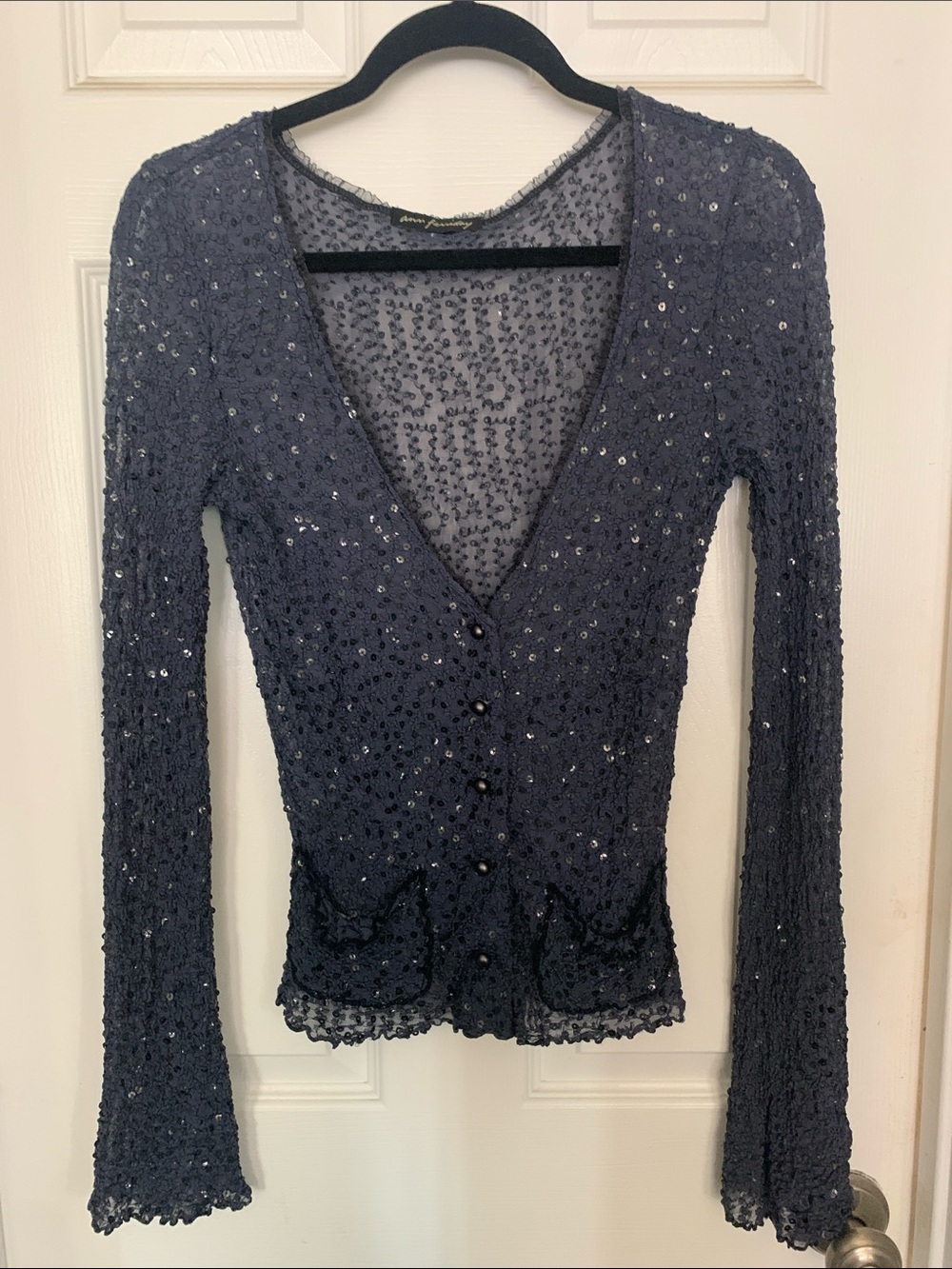 Ann Ferriday Navy Sequin V-Neck Button Front Blouse OSFM